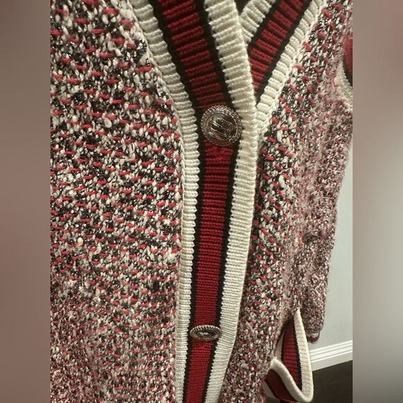 Maje Mapada Knit Button-Front Boyfriend Cardigan in Red & White  -size 2 Medium. - Picture 3 of 14